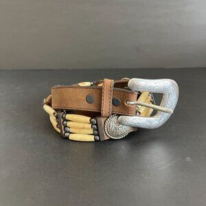 Vintage Tony Lama Western Concho & Native Bone Beaded Leather Belt 7159L, Sz 30